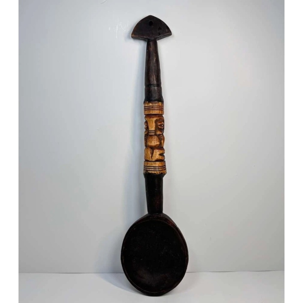 African Hand Carved Wood Spoon Figural Face Handle 16.5" Tribal Folk Art